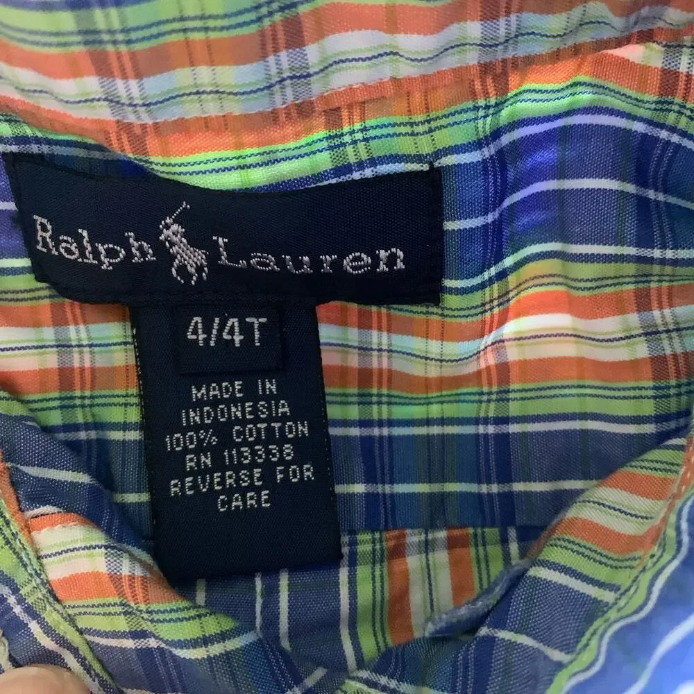 Ralph Lauren Long Sleeve Button Up Yellow Blue Orange Plaid Shirt Boy’s Size 4T